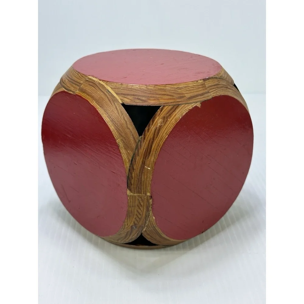 Vintage Handmade Red Wood Display Cube Made Of Circles Stand Riser 6